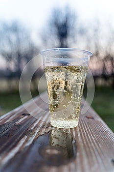 Sparkling Champagne in Plastic Cup, Concept of Alcoholism and Loneliness