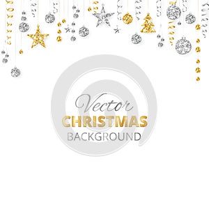 Sparkling Christmas glitter ornaments. Golden fiesta border, festive garland with hanging balls and ribbons isolated on