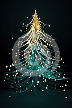 Sparkling Christmas tree design made of golden particles and streaks of light