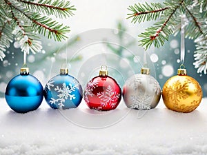 Sparkling and Colorful New Year Balls Hanging on Strings of Neutral Color photo