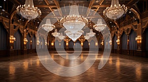 Sparkling crystal chandeliers in a grand ballroom photo