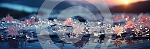 Sparkling crystal winter background. Detailed ice crystals, snowflakes and water drops for Christmas in bright pastel colors