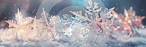 Sparkling crystal winter background. Detailed ice crystals, snowflakes and water drops for Christmas in bright pastel colors