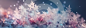 Sparkling crystal winter background. Detailed ice crystals, snowflakes and water drops for Christmas in bright pastel colors