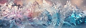 Sparkling crystal winter background. Detailed ice crystals, snowflakes and water drops for Christmas in bright pastel colors