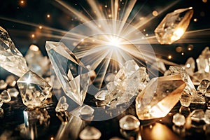 Sparkling crystals on dark surface, illuminated by light rays photo