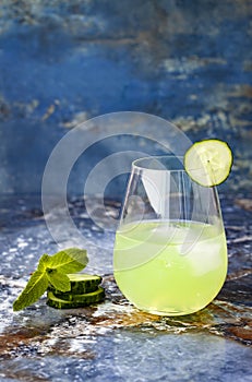 Sparkling cucumber mint gin and tonic fizz with aloe vera on marble table. Copy space.
