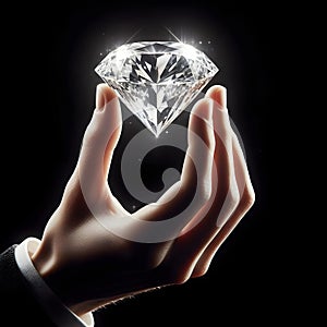 Sparkling diamond balanced on hand on black background. Jewelry and luxury concept