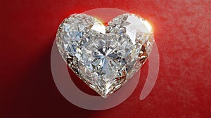 A sparkling diamond heart rests on a red background