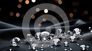 Sparkling diamonds scatter luxuriously across a dark surface, radiating opulence and brilliance. Ai Generated