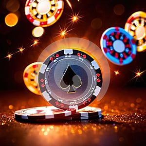 Sparkling dynamic flying poker casino chips, showing the excitement and thrill of gambling