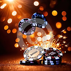 Sparkling dynamic flying poker casino chips, showing the excitement and thrill of gambling