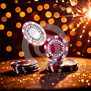 Sparkling dynamic flying poker casino chips, showing the excitement and thrill of gambling