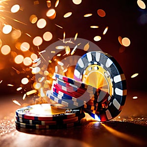 Sparkling dynamic flying poker casino chips, showing the excitement and thrill of gambling