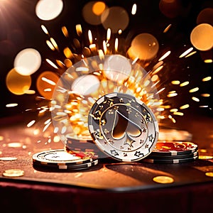 Sparkling dynamic flying poker casino chips, showing the excitement and thrill of gambling