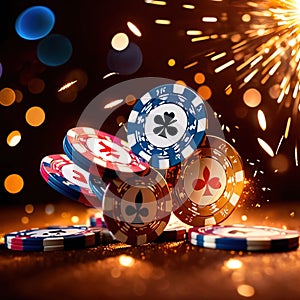 Sparkling dynamic flying poker casino chips, showing the excitement and thrill of gambling