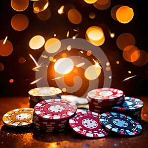 Sparkling dynamic flying poker casino chips, showing the excitement and thrill of gambling