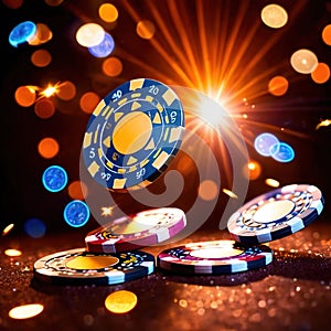 Sparkling dynamic flying poker casino chips, showing the excitement and thrill of gambling