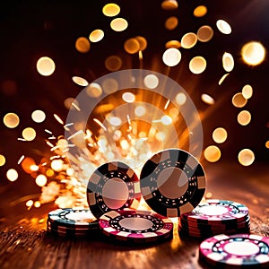 Sparkling dynamic flying poker casino chips, showing the excitement and thrill of gambling