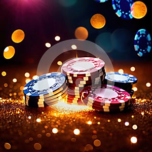 Sparkling dynamic flying poker casino chips, showing the excitement and thrill of gambling