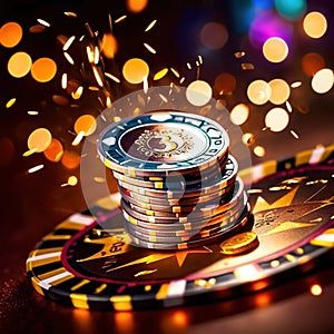 Sparkling dynamic flying poker casino chips, showing the excitement and thrill of gambling