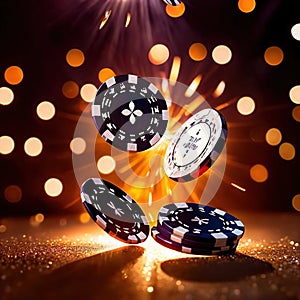 Sparkling dynamic flying poker casino chips, showing the excitement and thrill of gambling