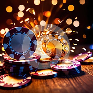 Sparkling dynamic flying poker casino chips, showing the excitement and thrill of gambling