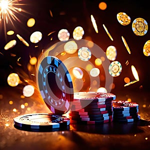 Sparkling dynamic flying poker casino chips, showing the excitement and thrill of gambling