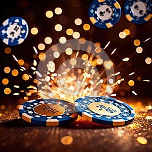 Sparkling dynamic flying poker casino chips, showing the excitement and thrill of gambling