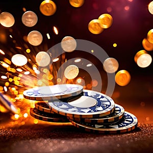 Sparkling dynamic flying poker casino chips, showing the excitement and thrill of gambling