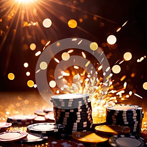 Sparkling dynamic flying poker casino chips, showing the excitement and thrill of gambling