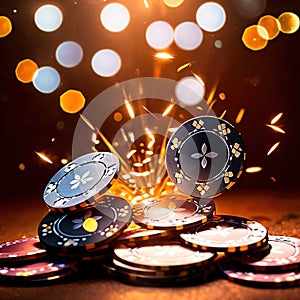 Sparkling dynamic flying poker casino chips, showing the excitement and thrill of gambling