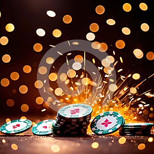 Sparkling dynamic flying poker casino chips, showing the excitement and thrill of gambling