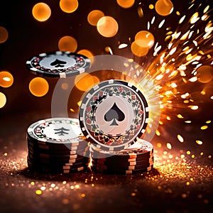 Sparkling dynamic flying poker casino chips, showing the excitement and thrill of gambling