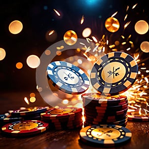 Sparkling dynamic flying poker casino chips, showing the excitement and thrill of gambling