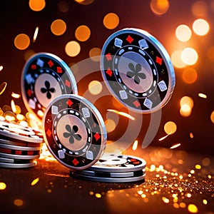 Sparkling dynamic flying poker casino chips, showing the excitement and thrill of gambling