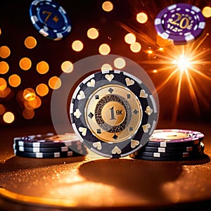 Sparkling dynamic flying poker casino chips, showing the excitement and thrill of gambling