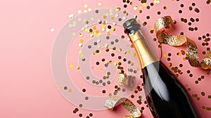 Sparkling Elegance: Champagne Bottle on Pink Background With Gold Confetti