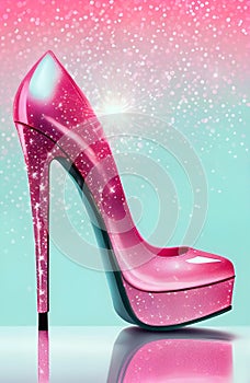 Sparkling elegant high heel shoe on a pink and blue background.