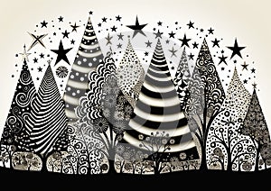 Sparkling Festivity: A Bold Stencil Drawing of Trees in a Festiv