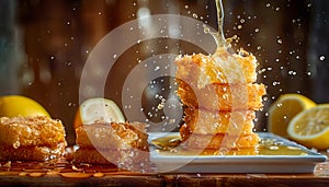 Sparkling Fresh Honey Pouring Over a Stack of Golden Crispy Toast Served with Lemon Slices on a Wooden Table
