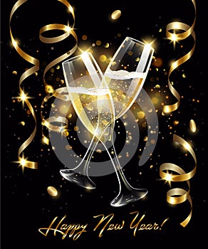 Sparkling glasses of champagne with Gold serpentine on black background, bokeh effect with sign Happy New Year
