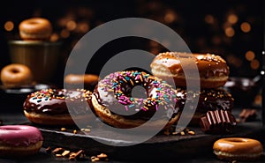 Sparkling glazed donuts on a luxurious black background