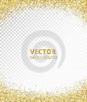 Sparkling glitter border, frame. Falling golden dust isolated on transparent. Vector gold glittering decoration.