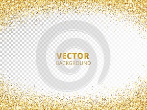 Sparkling glitter border, frame. Falling golden dust isolated on transparent. Vector gold glittering decoration.