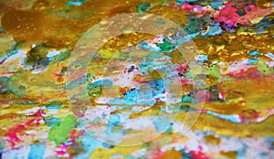Sparkling gold blue pink waxy pastel spots watercolor blurred waxy gold spots colorful hues, strokes of brush, backgrounnd