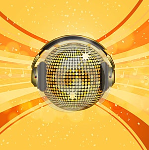 Sparkling gold disco ball and headphones