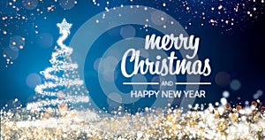 Sparkling gold and silver lights xmas tree Merry Christmas and Happy New Year greeting message on blue background,snow