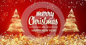 Sparkling gold and silver lights xmas tree Merry Christmas and Happy New Year greeting message on red background,snow