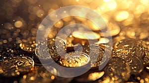 Sparkling golden coins on bright light glowing bokeh background